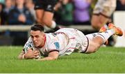 20 May 2022; James Hume of Ulster scores his side's third try during the United Rugby Championship match between Ulster and Cell C Sharks at Kingspan Stadium in Belfast. Photo by Brendan Moran/Sportsfile