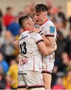 20 May 2022; James Hume of Ulster celebrates wit teammate Ethan McIlroy, right, after scoring their side's third try during the United Rugby Championship match between Ulster and Cell C Sharks at Kingspan Stadium in Belfast. Photo by Brendan Moran/Sportsfile