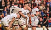 20 May 2022; James Hume of Ulster celebrates wit teammates Iain Henderson and Eric O’Sullivan after scoring their side's third try during the United Rugby Championship match between Ulster and Cell C Sharks at Kingspan Stadium in Belfast. Photo by Brendan Moran/Sportsfile