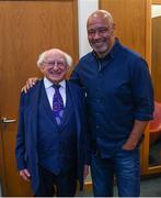 20 May 2022; President of Ireland Michael D Higgins and former Republic of Ireland international Paul McGrath during the FAI Centenary Late Late Show Special at RTE Studios in Dublin. Photo by Stephen McCarthy/Sportsfile
