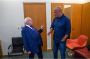 20 May 2022; President of Ireland Michael D Higgins and former Republic of Ireland international Paul McGrath during the FAI Centenary Late Late Show Special at RTE Studios in Dublin. Photo by Stephen McCarthy/Sportsfile