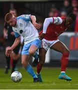 20 May 2022; Aodh Dervin of Shelbourne in action against Tunde Owolabi of St Patrick's Athletic during the SSE Airtricity League Premier Division match between St Patrick's Athletic and Shelbourne at Richmond Park in Dublin. Photo by Eóin Noonan/Sportsfile