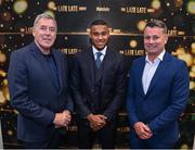 20 May 2022; Former Republic of Ireland international Packie Bonner, left, Republic of Ireland international Gavin Bazunu and Former Republic of Ireland international Shay Given, right, during the FAI Centenary Late Late Show Special at RTE Studios in Dublin. Photo by Stephen McCarthy/Sportsfile
