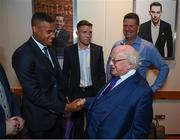 20 May 2022; President of Ireland Michael D Higgins with, from left, Republic of Ireland internationals Gavin Bazunu, left, Dara O’Shea and former Republic of Ireland international Niall Quinn during the FAI Centenary Late Late Show Special at RTE Studios in Dublin. Photo by Stephen McCarthy/Sportsfile
