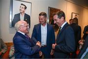 20 May 2022; President of Ireland Michael D Higgins, left, former Republic of Ireland international Shay Given and Late Late Show presenter Ryan Tubridy, right, during the FAI Centenary Late Late Show Special at RTE Studios in Dublin. Photo by Stephen McCarthy/Sportsfile