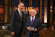 20 May 2022; President of Ireland Michael D Higgins, right, and Late Late Show presenter Ryan Tubridy, left, during the FAI Centenary Late Late Show Special at RTE Studios in Dublin. Photo by Stephen McCarthy/Sportsfile