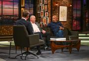 20 May 2022; Former Republic of Ireland international Paul McGrath, right, John Charlton, son of the late Jack Charlton, Republic of Ireland manager, and The Late Late Show presenter Ryan Tubridy, left, during the FAI Centenary Late Late Show Special at RTE Studios in Dublin. Photo by Stephen McCarthy/Sportsfile