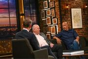 20 May 2022; Former Republic of Ireland international Paul McGrath, right, John Charlton, son of the late Jack Charlton, Republic of Ireland manager, and The Late Late Show presenter Ryan Tubridy, left, during the FAI Centenary Late Late Show Special at RTE Studios in Dublin. Photo by Stephen McCarthy/Sportsfile