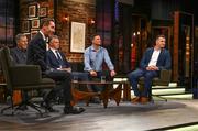 20 May 2022; Former Republic of Ireland internationals, from left, Packie Bonner, David O’Leary, Niall Quinn and Shay Given with The Late Late Show presenter Ryan Tubridy during the FAI Centenary Late Late Show Special at RTE Studios in Dublin. Photo by Stephen McCarthy/Sportsfile