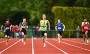 21 May 2022; Max O'Reilly of Carrigaline CS, Cork, centre, on his way to winning the intermediate boys 200m during the Irish Life Health Munster Schools Track and Field Championships at Templemore AC, in Templemore, Tipperary. Photo by Sam Barnes/Sportsfile