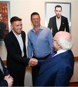 20 May 2022; President of Ireland Michael D Higgins with Republic of Ireland international Dara O’Shea, left, and former Republic of Ireland international Niall Quinn during the FAI Centenary Late Late Show Special at RTE Studios in Dublin. Photo by Stephen McCarthy/Sportsfile
