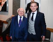 20 May 2022; President of Ireland Michael D Higgins with musician Dan McCabe during the FAI Centenary Late Late Show Special at RTE Studios in Dublin. Photo by Stephen McCarthy/Sportsfile
