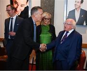 20 May 2022; President of Ireland Michael D Higgins with FAI chief executive Jonathan Hill and Dee Forbes, Director-General of RTÉ, during the FAI Centenary Late Late Show Special at RTE Studios in Dublin. Photo by Stephen McCarthy/Sportsfile