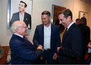 20 May 2022; President of Ireland Michael D Higgins with former Republic of Ireland international Shay Given and The Late Late Show presenter Ryan Tubridy during the FAI Centenary Late Late Show Special at RTE Studios in Dublin. Photo by Stephen McCarthy/Sportsfile