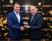 20 May 2022; FAI president Gerry McAnaney presents former Republic of Ireland international Shay Given with an FAI centenary medal during the FAI Centenary Late Late Show Special at RTE Studios in Dublin. Photo by Stephen McCarthy/Sportsfile