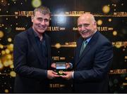 20 May 2022; FAI president Gerry McAnaney presents Republic of Ireland manager Stephen Kenny with an FAI centenary medal during the FAI Centenary Late Late Show Special at RTE Studios in Dublin. Photo by Stephen McCarthy/Sportsfile
