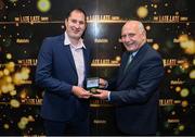 20 May 2022; FAI president Gerry McAnaney presents former League of Ireland footballer Colin Hawkins with an FAI centenary medal during the FAI Centenary Late Late Show Special at RTE Studios in Dublin. Photo by Stephen McCarthy/Sportsfile
