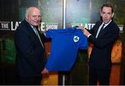 20 May 2022; FAI president Gerry McAnaney presents a Republic of Ireland jersey to The Late Late Show presenter Ryan Tubridy during the FAI Centenary Late Late Show Special at RTE Studios in Dublin. Photo by Stephen McCarthy/Sportsfile