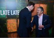 20 May 2022; RTÉ's George Hamilton and The Late Late Show presenter Ryan Tubridy, left, during the FAI Centenary Late Late Show Special at RTE Studios in Dublin. Photo by Stephen McCarthy/Sportsfile