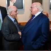 20 May 2022; President of Ireland Michael D Higgins and former Republic of Ireland kit manager Charlie O'Leary during the FAI Centenary Late Late Show Special at RTE Studios in Dublin. Photo by Stephen McCarthy/Sportsfile