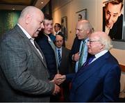20 May 2022; President of Ireland Michael D Higgins with John Charlton, son of the late Jack Charlton, Republic of Ireland manager, John Charlton Jnr, and FAI president Gerry McAnaney during the FAI Centenary Late Late Show Special at RTE Studios in Dublin. Photo by Stephen McCarthy/Sportsfile