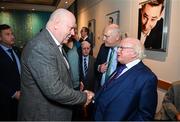 20 May 2022; President of Ireland Michael D Higgins with John Charlton, son of the late Jack Charlton, Republic of Ireland manager, during the FAI Centenary Late Late Show Special at RTE Studios in Dublin. Photo by Stephen McCarthy/Sportsfile