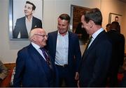 20 May 2022; President of Ireland Michael D Higgins with former Republic of Ireland international Shay Given and The Late Late Show presenter Ryan Tubridy during the FAI Centenary Late Late Show Special at RTE Studios in Dublin. Photo by Stephen McCarthy/Sportsfile
