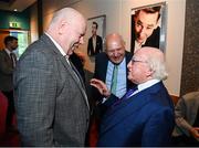 20 May 2022; President of Ireland Michael D Higgins with John Charlton, son of the late Jack Charlton, Republic of Ireland manager, and FAI president Gerry McAnaney during the FAI Centenary Late Late Show Special at RTE Studios in Dublin. Photo by Stephen McCarthy/Sportsfile