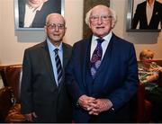 20 May 2022; President of Ireland Michael D Higgins and former Republic of Ireland kit manager Charlie O'Leary, left, during the FAI Centenary Late Late Show Special at RTE Studios in Dublin. Photo by Stephen McCarthy/Sportsfile