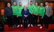 20 May 2022; President of Ireland Michael D Higgins with members of the Ireland Cerebral Palsy squad during the FAI Centenary Late Late Show Special at RTE Studios in Dublin. Photo by Stephen McCarthy/Sportsfile