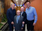 20 May 2022; Attendees, from left, Former Republic of Ireland international Packie Bonner, former Republic of Ireland kit manager Charlie O'Leary and his son John, and former Republic of Ireland international Niall Quinn during the FAI Centenary Late Late Show Special at RTE Studios in Dublin. Photo by Stephen McCarthy/Sportsfile