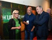 20 May 2022; Dee Forbes, Director-General of RTÉ, with former Republic of Ireland internationals Paul McGrath and Packie Bonner, right, during the FAI Centenary Late Late Show Special at RTE Studios in Dublin. Photo by Stephen McCarthy/Sportsfile