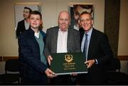 20 May 2022; FAI chief executive Jonathan Hill, right, with John Charlton, son of the late Jack Charlton, Republic of Ireland manager, and his son Jack, during the FAI Centenary Late Late Show Special at RTE Studios in Dublin. Photo by Stephen McCarthy/Sportsfile