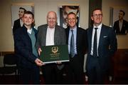 20 May 2022; FAI chief executive Jonathan Hill, FAI chief operating officer David Courell, right, with John Charlton, son of the late Jack Charlton, Republic of Ireland manager, and his son Jack, during the FAI Centenary Late Late Show Special at RTE Studios in Dublin. Photo by Stephen McCarthy/Sportsfile