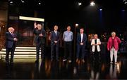 20 May 2022; President of Ireland Michael D Higgins with former Republic of Ireland internationals, from left, Packie Bonner, David O’Leary, Niall Quinn, Shay Given, Olivia O’Toole and Paula Gorham during the FAI Centenary Late Late Show Special at RTE Studios in Dublin. Photo by Stephen McCarthy/Sportsfile