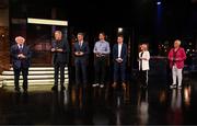 20 May 2022; President of Ireland Michael D Higgins with former Republic of Ireland internationals, from left, Packie Bonner, David O’Leary, Niall Quinn, Shay Given, Olivia O’Toole and Paula Gorham during the FAI Centenary Late Late Show Special at RTE Studios in Dublin. Photo by Stephen McCarthy/Sportsfile