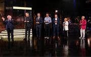 20 May 2022; President of Ireland Michael D Higgins with former Republic of Ireland internationals, from left, Packie Bonner, David O’Leary, Niall Quinn, Shay Given, Olivia O’Toole and Paula Gorham during the FAI Centenary Late Late Show Special at RTE Studios in Dublin. Photo by Stephen McCarthy/Sportsfile