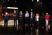 20 May 2022; President of Ireland Michael D Higgins with former Republic of Ireland internationals, from left, Packie Bonner, David O’Leary, Niall Quinn, Shay Given, Olivia O’Toole and Paula Gorham during the FAI Centenary Late Late Show Special at RTE Studios in Dublin. Photo by Stephen McCarthy/Sportsfile