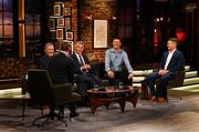 20 May 2022; Former Republic of Ireland internationals, from left, Packie Bonner, David O’Leary, Niall Quinn and Shay Given with The Late Late Show presenter Ryan Tubridy during the FAI Centenary Late Late Show Special at RTE Studios in Dublin. Photo by Stephen McCarthy/Sportsfile