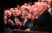 20 May 2022; Former Republic of Ireland kit manager Charlie O'Leary, and his son John, right, RTÉ's George Hamilton, FAI chief executive Jonathan Hill and FAI president Gerry McAnaney, left, during the FAI Centenary Late Late Show Special at RTE Studios in Dublin. Photo by Stephen McCarthy/Sportsfile