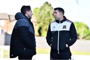 20 May 2022; Derry City manager Ruaidhrí Higgins, left, and Brian Gartland of Dundalk before the SSE Airtricity League Premier Division match between Derry City and Dundalk at The Ryan McBride Brandywell Stadium in Derry. Photo by Ben McShane/Sportsfile