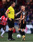 20 May 2022; Keith Ward of Dundalk with referee Robert Harvey during the SSE Airtricity League Premier Division match between Derry City and Dundalk at The Ryan McBride Brandywell Stadium in Derry. Photo by Ben McShane/Sportsfile