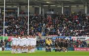 20 May 2022; The teams stand for a minute's silence before the United Rugby Championship match between Ulster and Cell C Sharks at Kingspan Stadium in Belfast. Photo by Brendan Moran/Sportsfile
