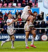 20 May 2022; Stuart McCloskey of Ulster celebrates with teammates  John Cooney, left, and Tom O’Toole after scoring his side's second try during the United Rugby Championship match between Ulster and Cell C Sharks at Kingspan Stadium in Belfast. Photo by John Dickson/Sportsfile