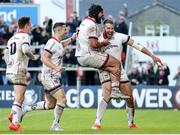 20 May 2022; Stuart McCloskey of Ulster celebrates with teammates, from left, Billy Burns, John Cooney and Tom O’Toole after scoring his side's second try during the United Rugby Championship match between Ulster and Cell C Sharks at Kingspan Stadium in Belfast. Photo by John Dickson/Sportsfile