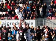 20 May 2022; Iain Henderson of Ulster wins a lineout during the United Rugby Championship match between Ulster and Cell C Sharks at Kingspan Stadium in Belfast. Photo by John Dickson/Sportsfile