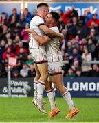 20 May 2022; James Hume of Ulster, right, celebrates after scoring his side's third try with teammate Ethan McIlroy during the United Rugby Championship match between Ulster and Cell C Sharks at Kingspan Stadium in Belfast. Photo by John Dickson/Sportsfile
