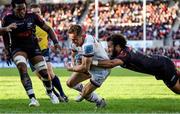 20 May 2022; Michael Lowry of Ulster scores his side's first try despite the tackle of Jaden Hendrikse of Cell C Sharks during the United Rugby Championship match between Ulster and Cell C Sharks at Kingspan Stadium in Belfast. Photo by John Dickson/Sportsfile