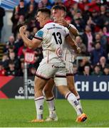 20 May 2022; James Hume of Ulster, left, celebrates after scoring his side's third try with teammate Ethan McIlroy during the United Rugby Championship match between Ulster and Cell C Sharks at Kingspan Stadium in Belfast. Photo by John Dickson/Sportsfile