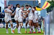 20 May 2022; Stuart McCloskey of Ulster celebrates with teammates Robert Baloucoune and John Cooney after scoring his side's second try during the United Rugby Championship match between Ulster and Cell C Sharks at Kingspan Stadium in Belfast. Photo by John Dickson/Sportsfile